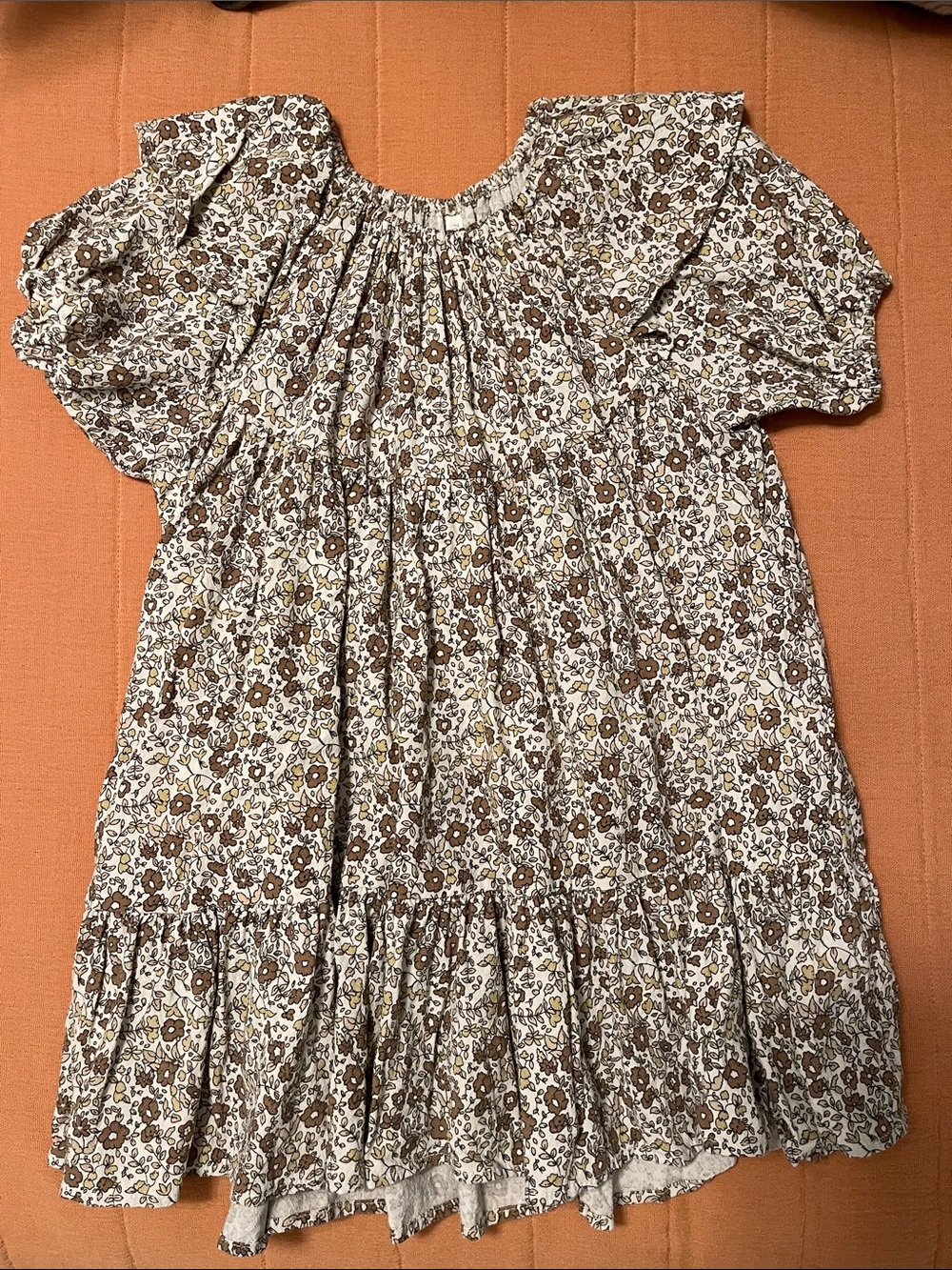 Rylee + Cru Brown and Cream Floral Puff-Sleeve Kids Dress